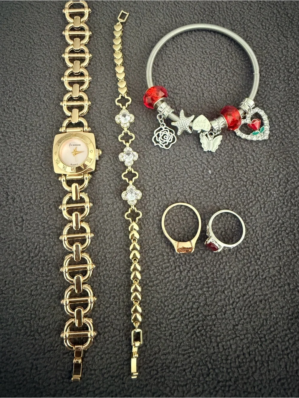 Gold Tone Ladies Bracelet Watch with Crystal Accent Bracelet and Charm Bangle